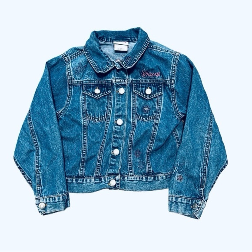 Vintage Disney Store Embroidered Princess Denim Jean Jacket Size 10/12 lg1